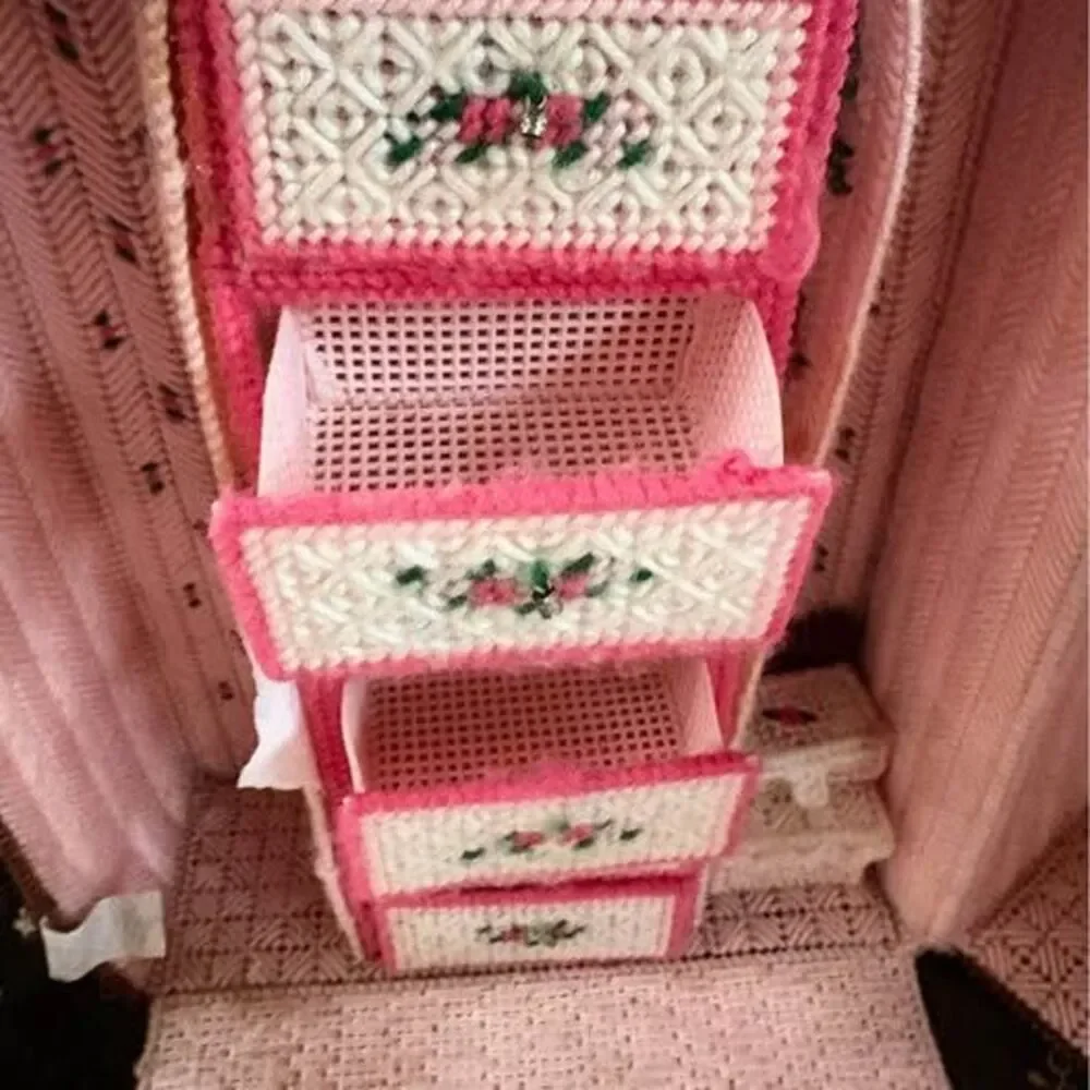 Vintage needlepoint cross stitch yarn art doll case closet cottage, granny core
